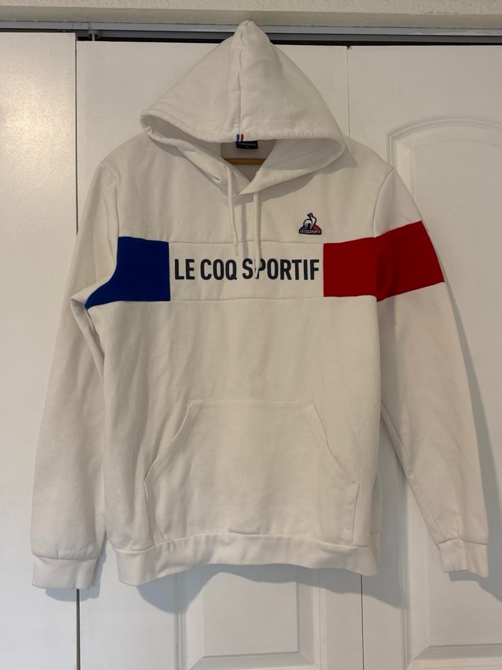 Le Coq Sportif White Hoodie with Blue and Red Chest Panels